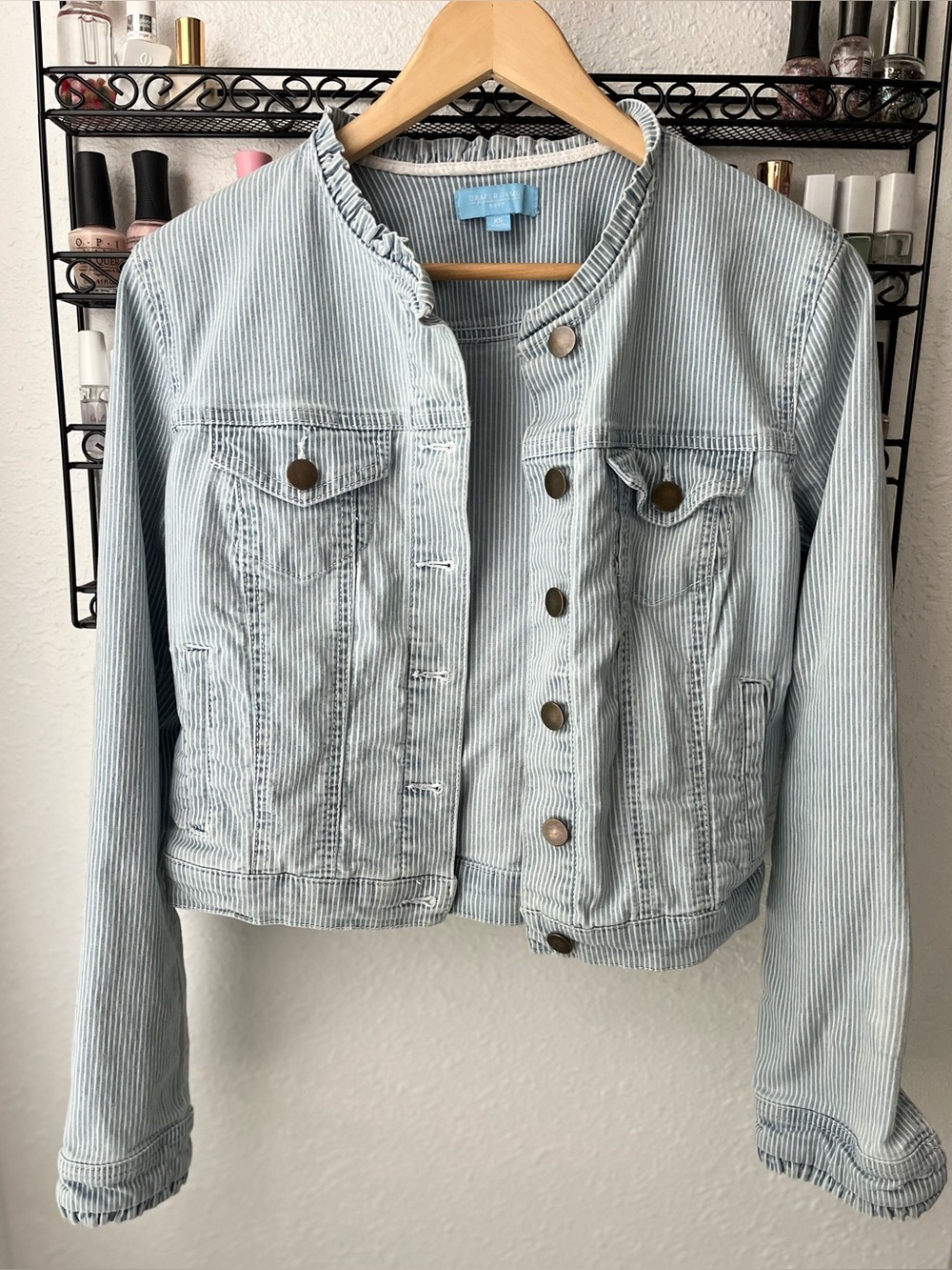 NWT Draper James RSVP Ruffle Trim Pinstriped Denim Jacket Size XS